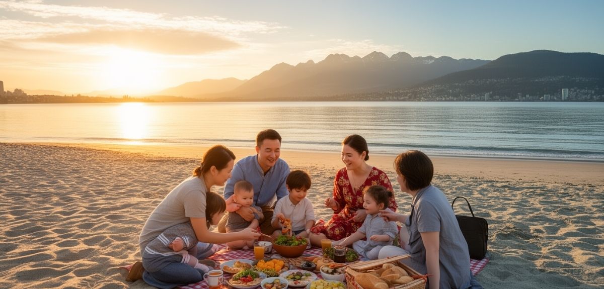 Immigration from China to Canada. Chinese family on Vancouver beach representative image. 